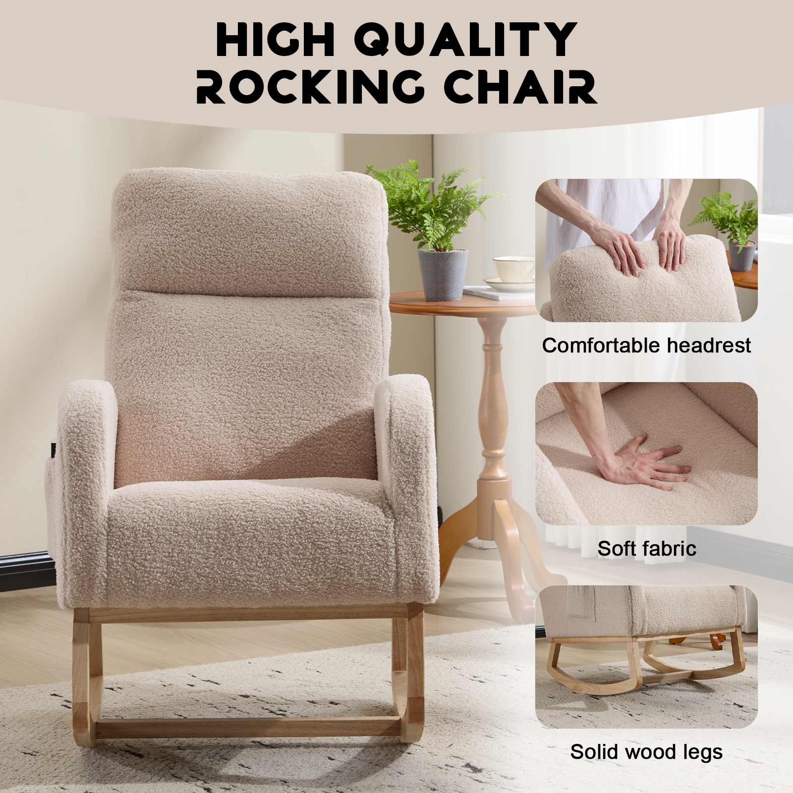 Modern Accent Rocking Chair Rocking Chair With Solid Wood Legs, Upholstered Nursery Glider Rocker, Comfy Armchair With Side Pocket, Living Room Lounge Arm Chair With High Backrest (Beige,teddy)_voghion.com